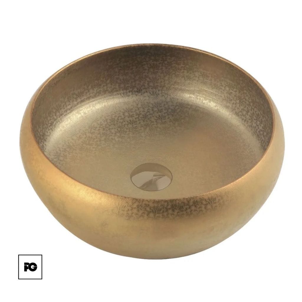 Lavabo redondo de cerámica esmaltada color oro, modelo Vegas.