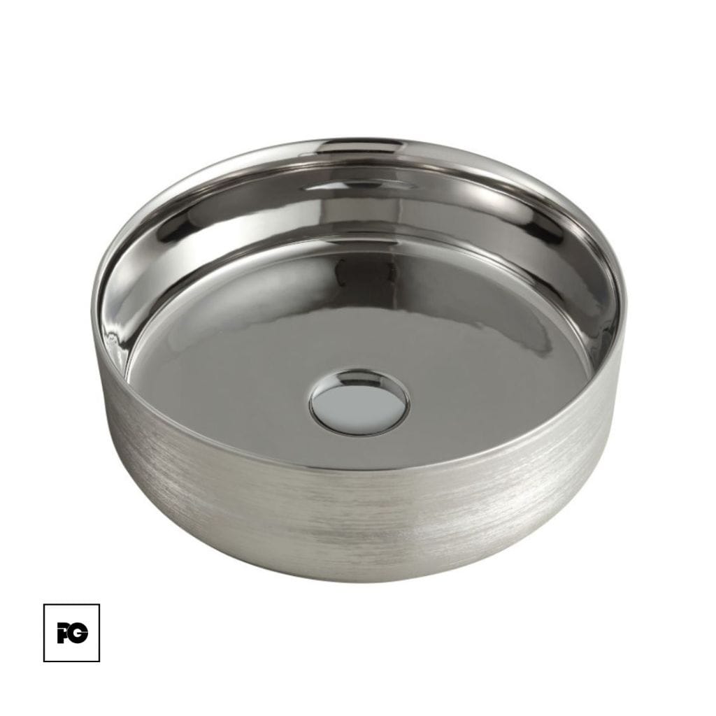 Lavabo redondo de cerámica esmaltada color silver, modelo Sitara.