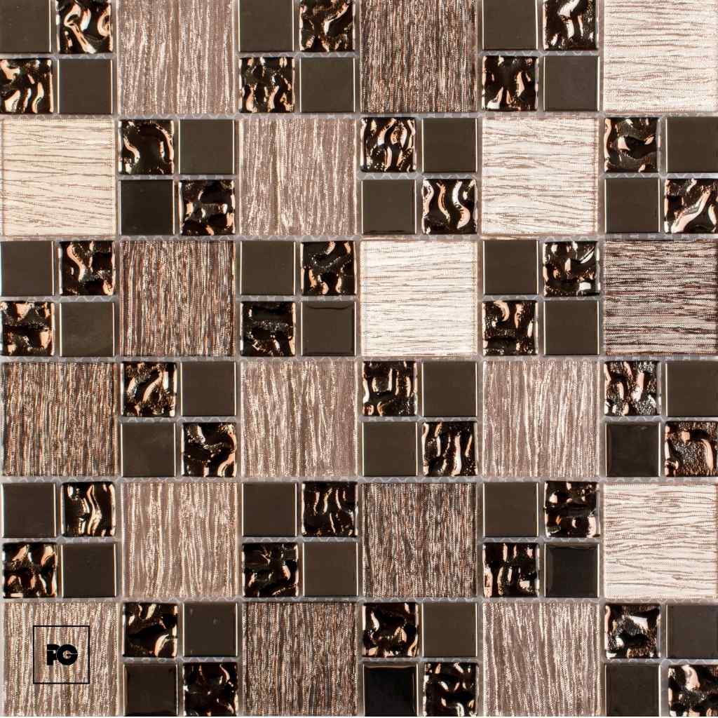 Decorative mosaic tile wall with alternating wood-grain and glossy brown squares.