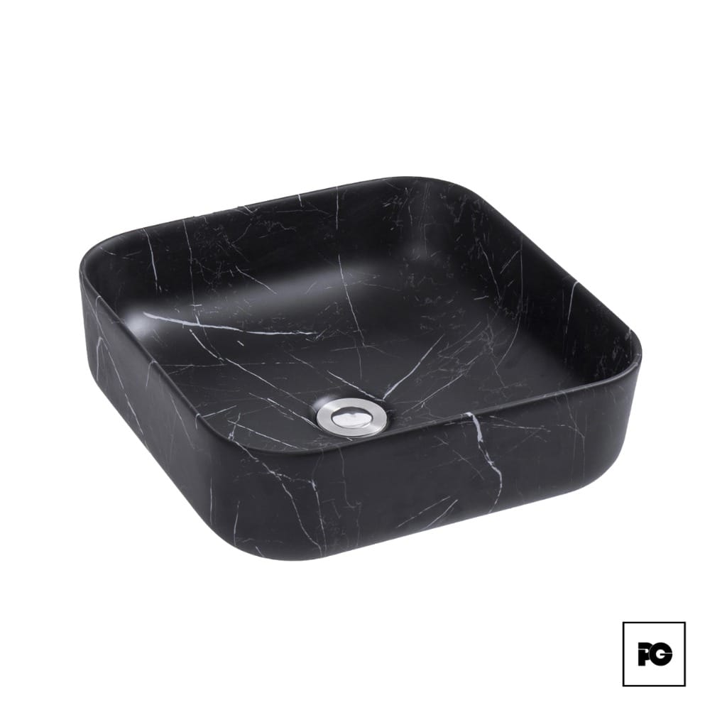 Lavabo de Sobreponer Duomo Negro Mármol Cuadrado de Cerámica Vitrificada.
