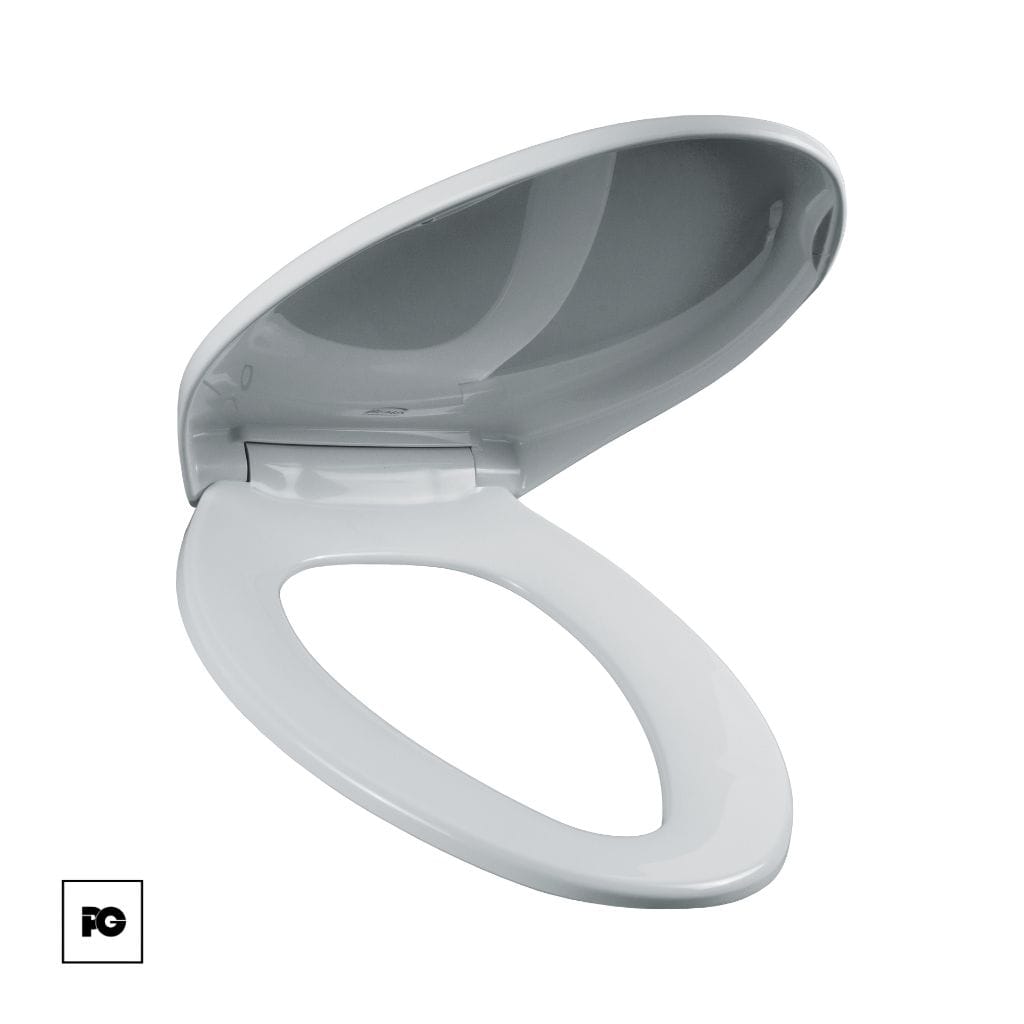 Asiento de plástico alargado, color blanco con sistema de ajuste perfecto.