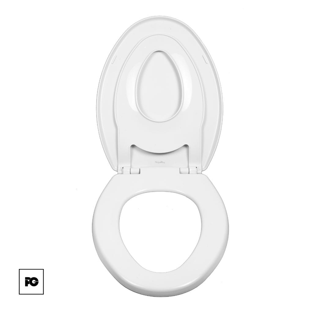 Asiento de plástico alargado con adaptador infantil, color blanco, frente cerrado con tapa. - Imagen 3