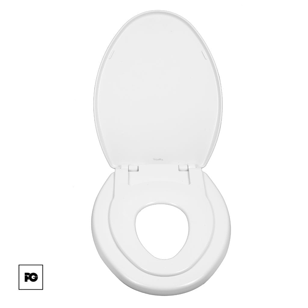 Asiento de plástico alargado con adaptador infantil, color blanco, frente cerrado con tapa. - Imagen 4