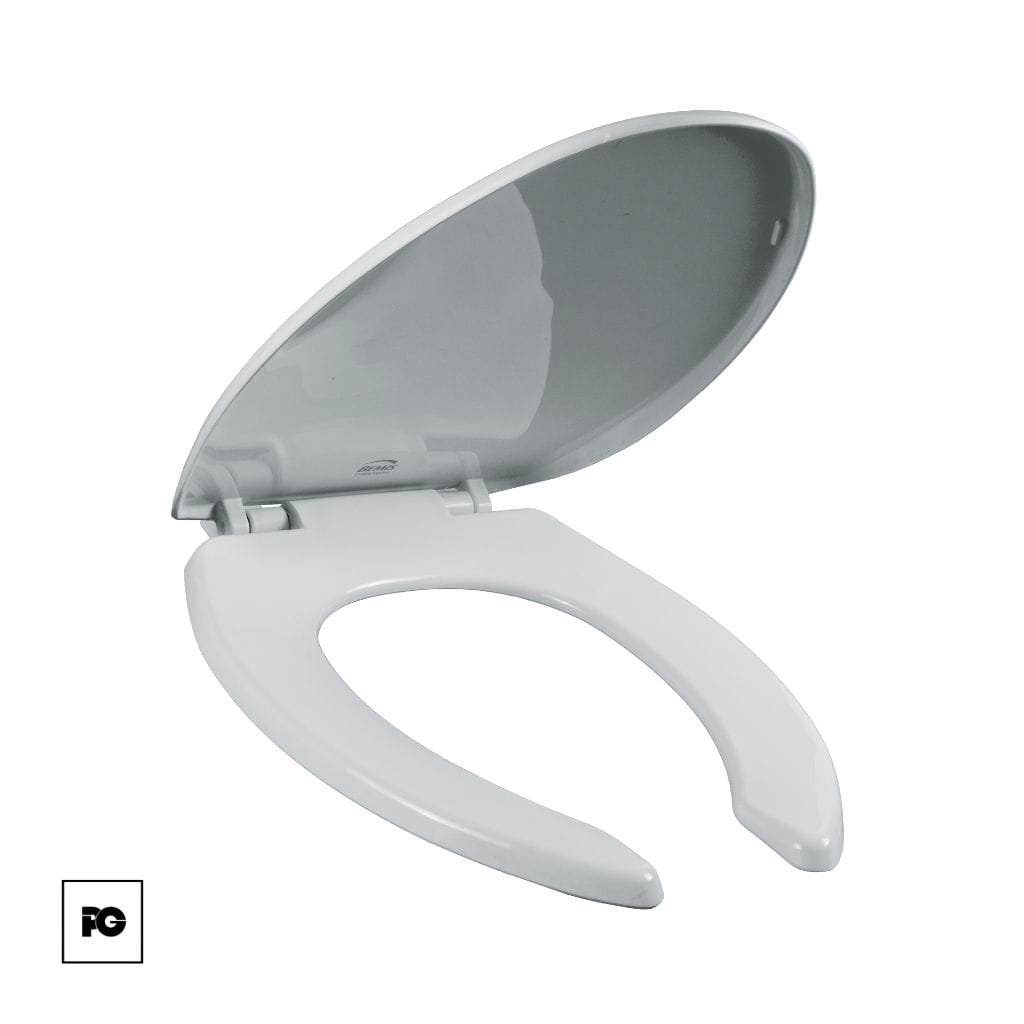 Asiento de plástico alargado, color blanco, cierre lento.